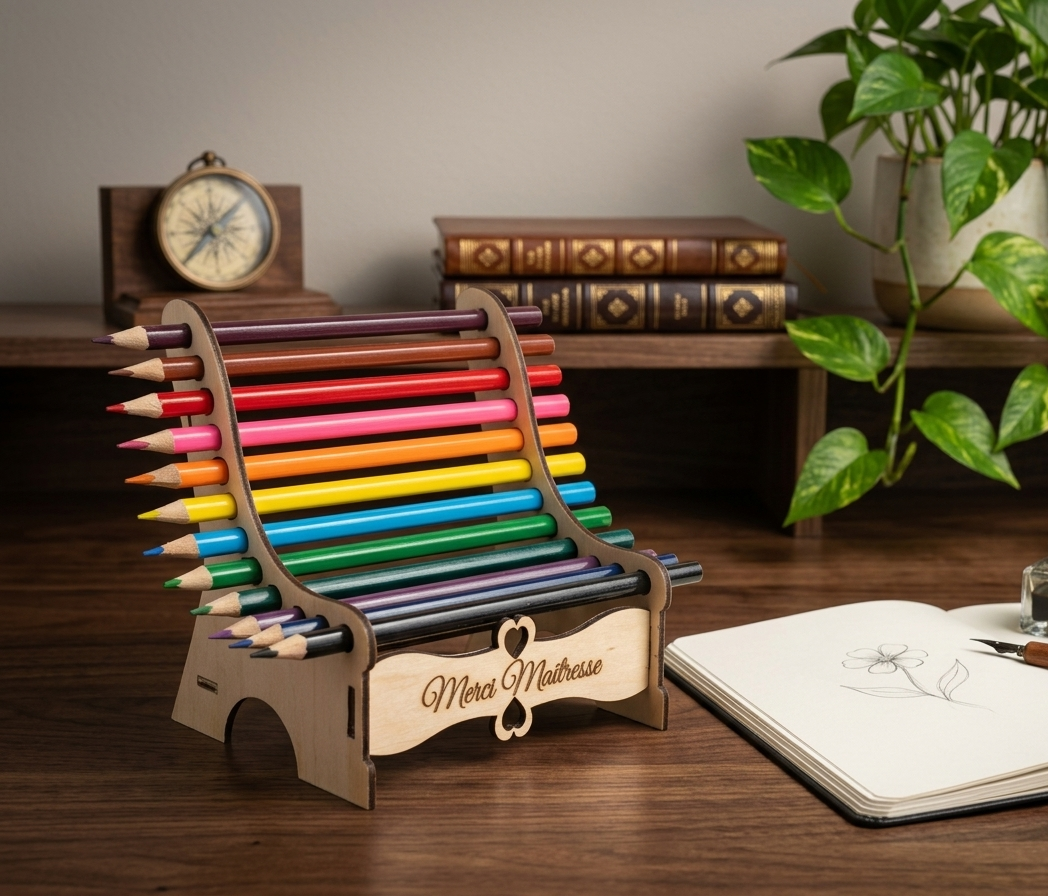 Fichier numérique SVG et DXF pour fabrication d'un mini banc en bois porte-crayons avec gravure Merci Maîtresse.